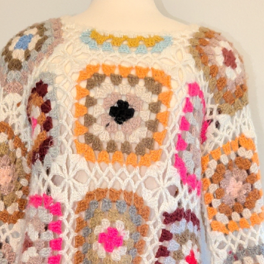 Crochet Patchwork Fringe Sweater - Multi Color - image 7